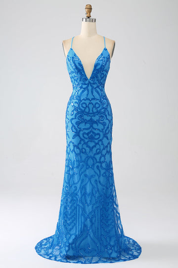 Blu Sirena Spaghetti Straps Paillettes Abito Lungo Prom